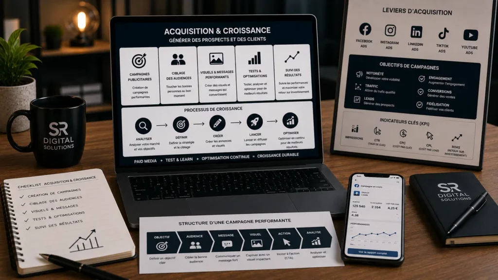 Gestion de vos réseaux sociaux et publicités acquisition croissance generer prospects clients